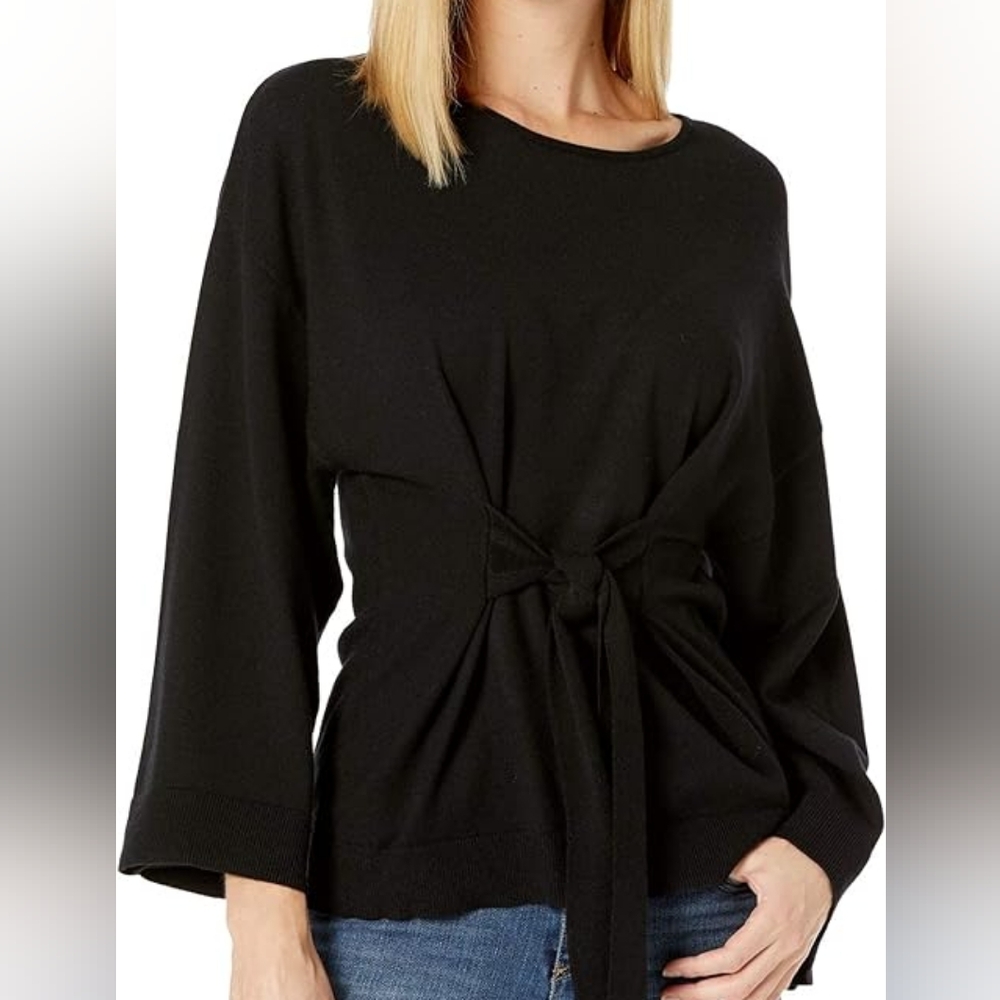 Max Studio sz Small S Tie in Front 3/4 Sleeve Pullover Sweater Black